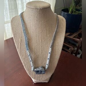 Boho Blue Beaded Necklace with Rough Stone Pendant